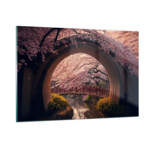 Cuadro sobre vidrio - Impresiones sobre Vidrio - Cerezos en flor y un puente japonés vistos a través de la puerta redonda. - 120x80cm - Primavera japonesa - Decoración de pared moderna para salón y dormitorio ARTTOR