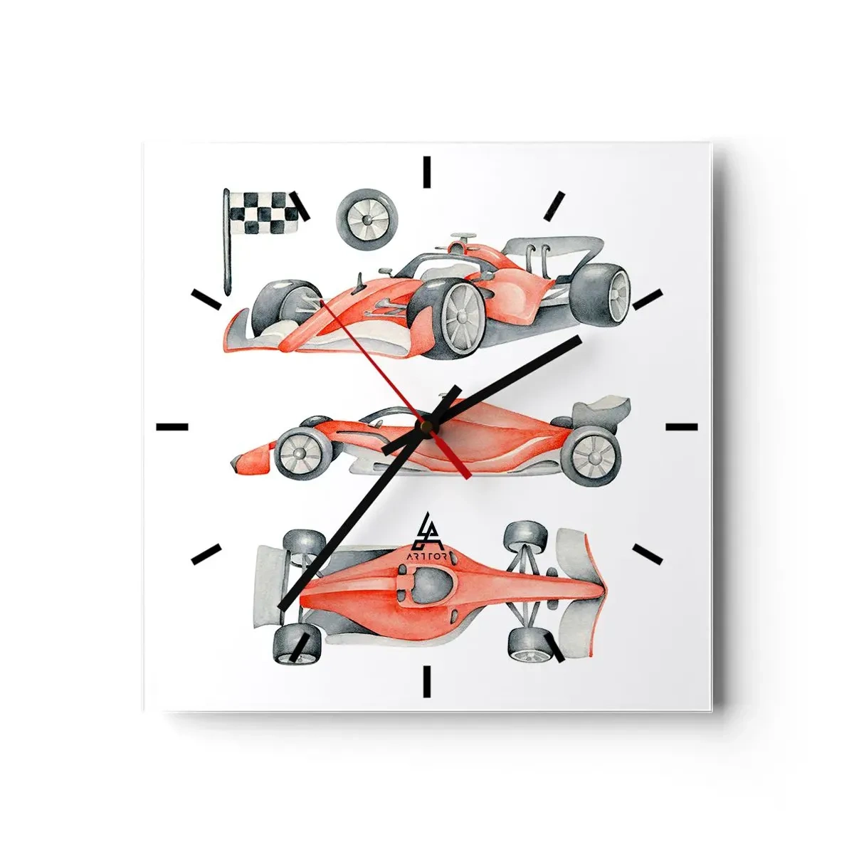 Reloj de pared - Reloj de vidrio - Un coche de carreras rojo con una bandera a cuadros. - 30x30cm - Para alcanzar un sueño - Decoración de pared moderna para salón y dormitorio ARTTOR