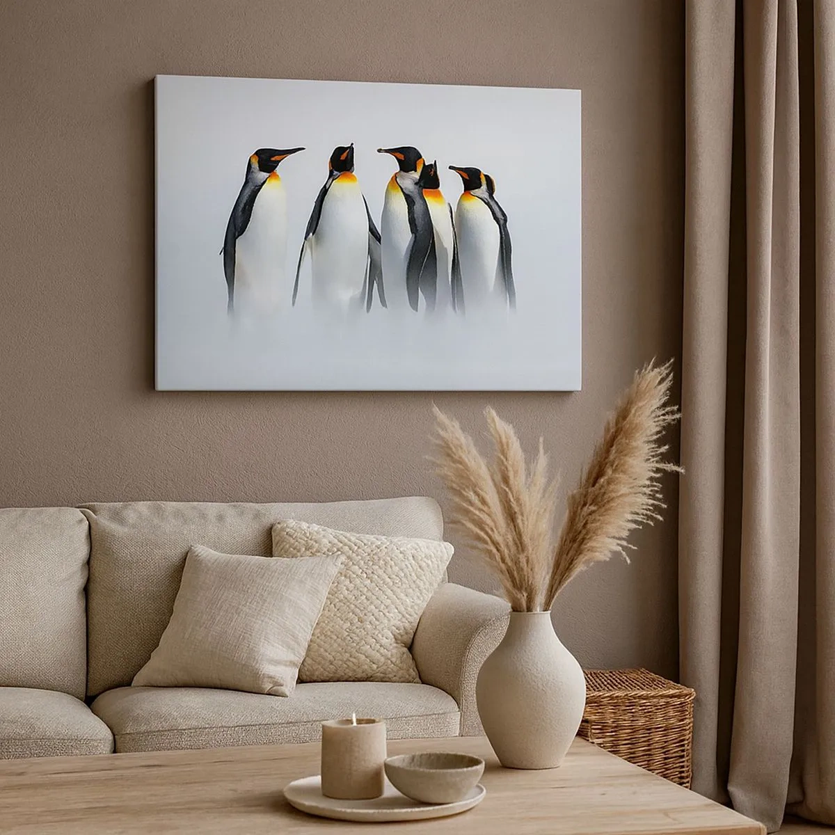 Cuadro sobre lienzo - Impresión de Imagen - Un grupo de pingüinos emperador en la niebla invernal. - 70x50cm - Reunión en traje de noche - Decoración de pared moderna para salón y dormitorio ARTTOR