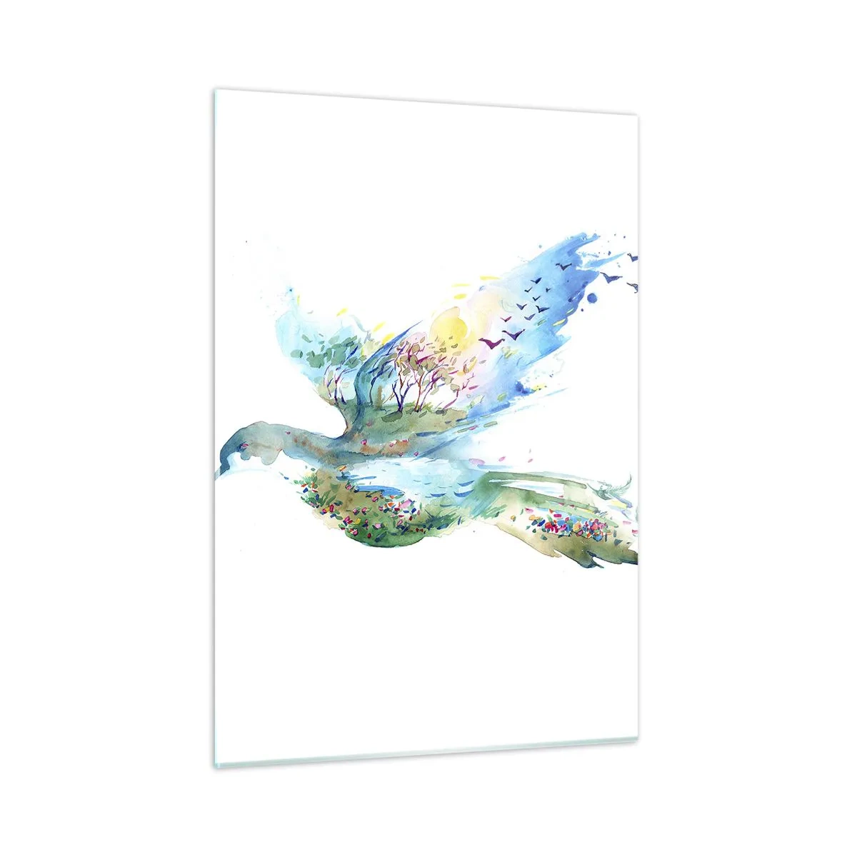 Cuadro sobre vidrio - Impresiones sobre Vidrio - Silueta de acuarela de un pájaro con un paisaje al fondo. - 50x70cm - En las alas de la naturaleza - Decoración de pared moderna para salón y dormitorio ARTTOR