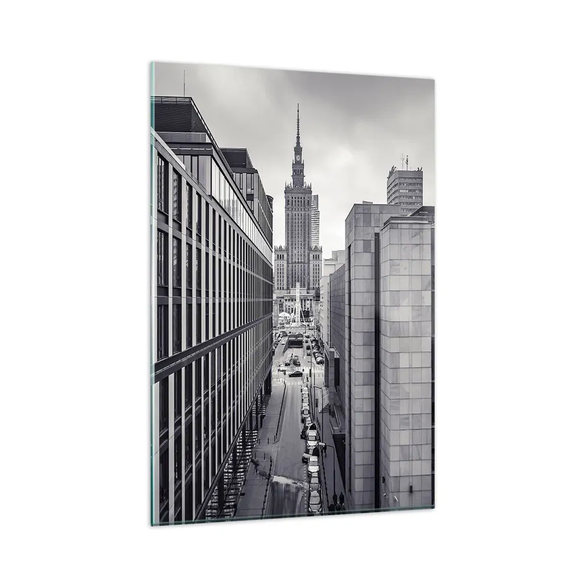 Cuadro sobre vidrio - Impresiones sobre Vidrio - Panorama de Varsovia con vistas al Palacio de la Cultura y los edificios circundantes. - 80x120cm - Valle de Varsovia - Decoración de pared moderna para salón y dormitorio ARTTOR