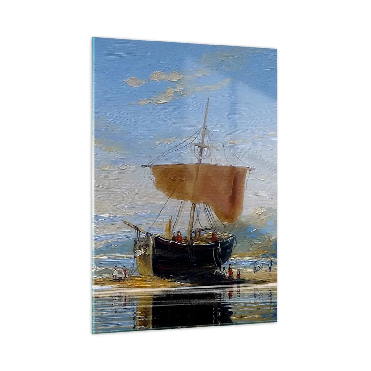 Cuadro sobre vidrio - Impresiones sobre Vidrio - Un barco con una vela en la orilla en estilo pictórico. - 50x70cm - Agua, tierra, aire - Decoración de pared moderna para salón y dormitorio ARTTOR