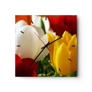 Reloj de pared - Reloj de vidrio - Primer plano de tulipanes coloridos sobre un fondo primaveral - 30x30cm - Fiebre del tulipán - Decoración de pared moderna para salón y dormitorio ARTTOR