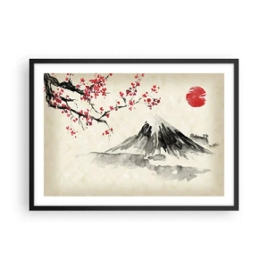 Póster en marco negro - Un paisaje pintoresco con una montaña, cerezos en flor y sol. - 70x50cm - Enamórate de Japón - Decoración de pared moderna para salón y dormitorio ARTTOR