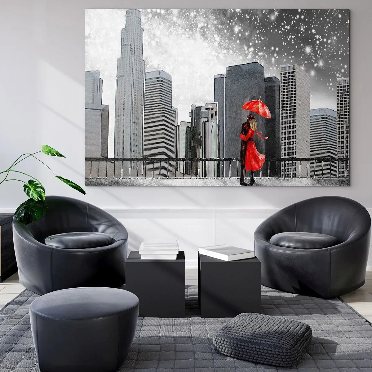 Cuadro sobre vidrio - Impresiones sobre Vidrio - Una pareja con un paraguas rojo de pie frente a un paisaje urbano por la noche. - 70x50cm - Amor en la jungla urbana - Decoración de pared moderna para salón y dormitorio ARTTOR