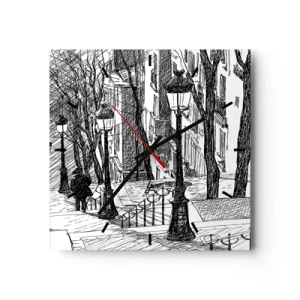 Reloj de pared - Reloj de vidrio - Una calle con farolas y una silueta humana en técnica de boceto. - 30x30cm - ¿Una historia de amor o de terror? - Decoración de pared moderna para salón y dormitorio ARTTOR