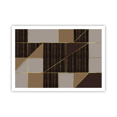 Póster - Patrones geométricos en tonos marrones con líneas doradas. - 100x70cm - Un mosaico de marrones y dorados - Decoración de pared moderna para salón y dormitorio ARTTOR