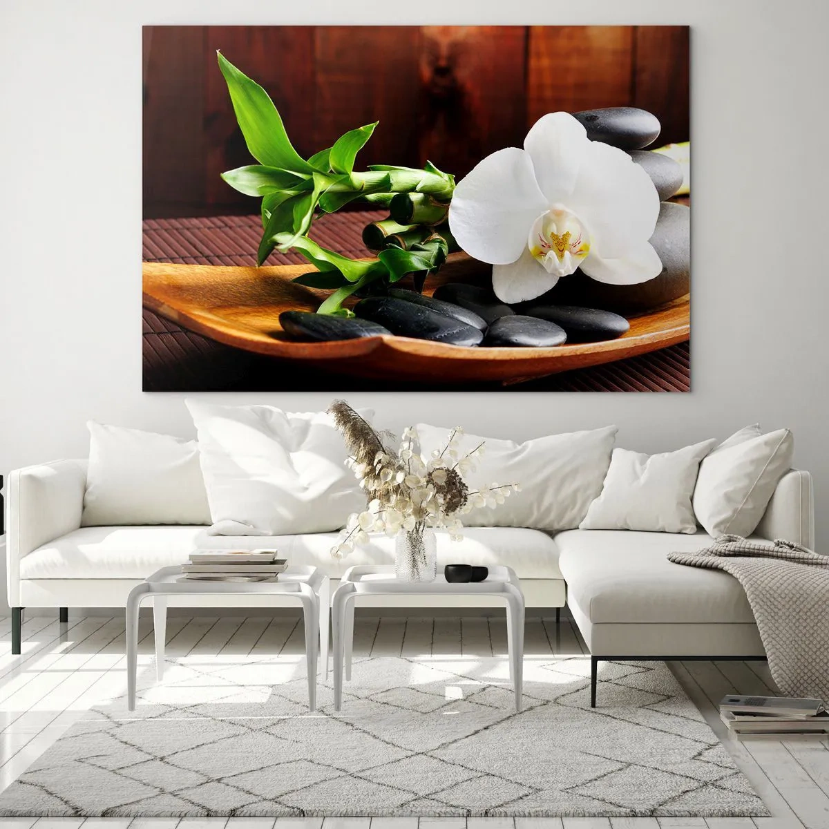 Cuadro sobre vidrio - Impresiones sobre Vidrio - Orquídea blanca sobre piedras negras y bambú en un cuenco de madera. - 70x50cm - Ríndete al tacto de la naturaleza - Decoración de pared moderna para salón y dormitorio ARTTOR