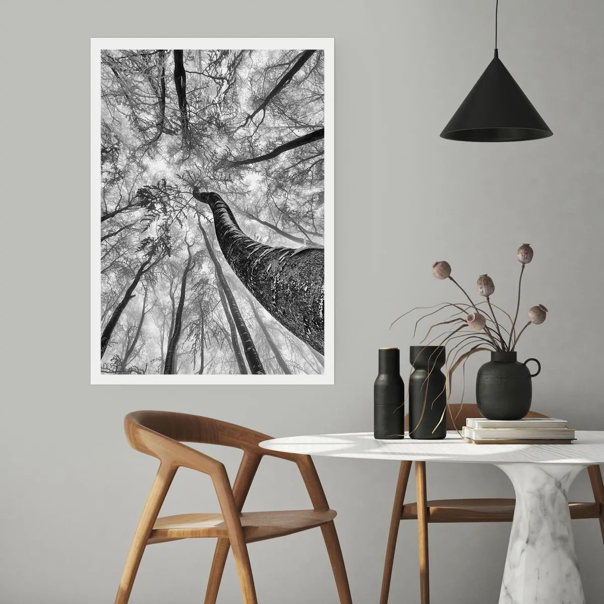 Póster - Perspectiva de árboles en blanco y negro - 50x70cm - Carrera hacia la luz - Decoración de pared moderna para salón y dormitorio ARTTOR