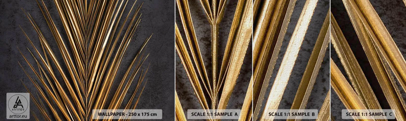 Muestra de fotomural Premium Canvas - El oro de los trópicos - Hoja de palma, Pedazo, Abstracción - 100x30 cm