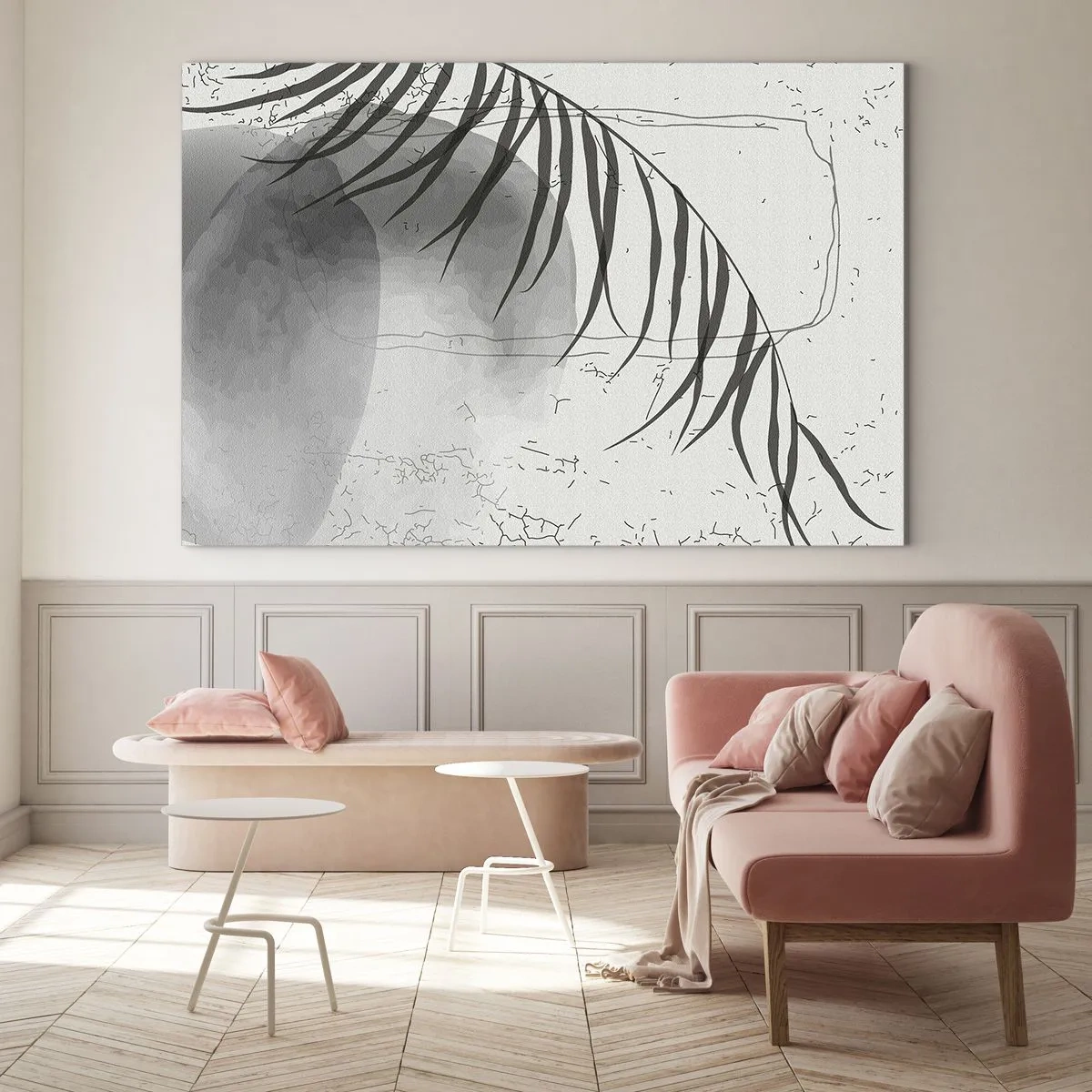 Cuadro sobre vidrio - Impresiones sobre Vidrio - Gráfico de sombra de hoja de palma en blanco y negro - 70x50cm - El sutil exotismo de la naturaleza - Decoración de pared moderna para salón y dormitorio ARTTOR