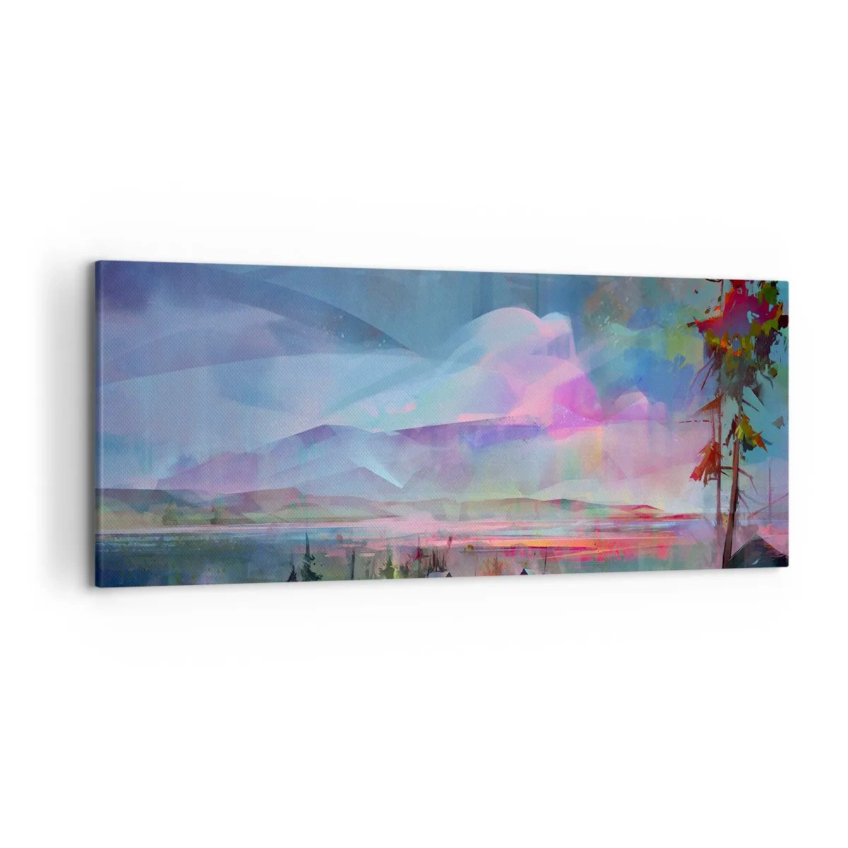 Cuadro sobre lienzo - Impresión de Imagen - Paisaje de montaña con un cielo colorido y un pueblo. - 120x50cm - Bajo un cielo benévolo - Decoración de pared moderna para salón y dormitorio ARTTOR