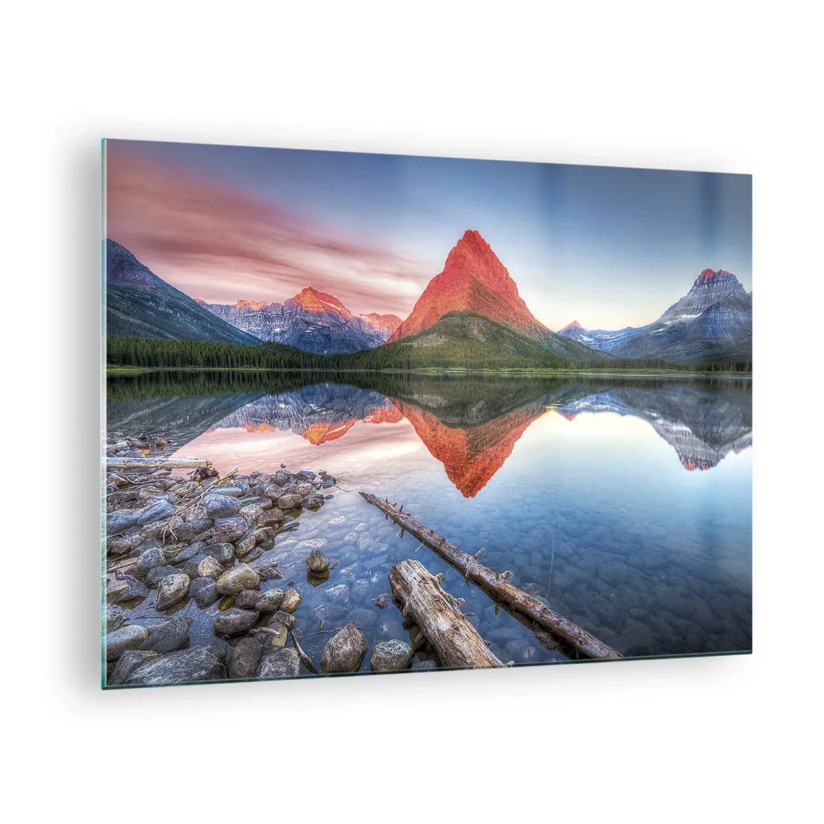 Cuadro sobre vidrio - Impresiones sobre Vidrio - Un pico de montaña reflejado en un lago tranquilo. - 70x50cm - Cálido y frío - Decoración de pared moderna para salón y dormitorio ARTTOR