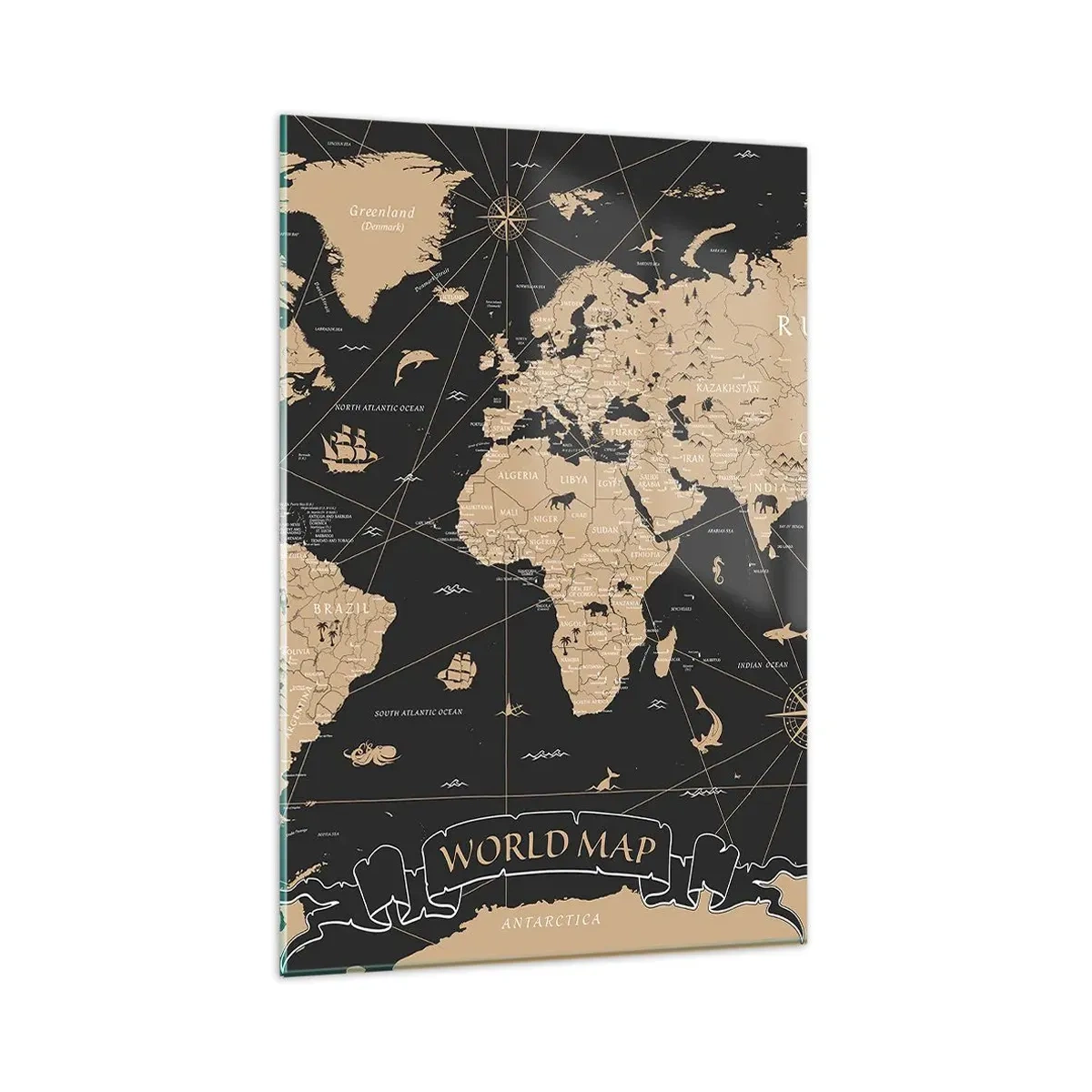 Cuadro sobre vidrio - Impresiones sobre Vidrio - Un mapa del mundo estilizado sobre un fondo negro con acentos beige. - 80x120cm - Las fronteras de mi mundo - Decoración de pared moderna para salón y dormitorio ARTTOR