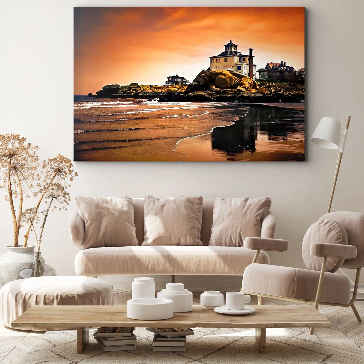 Cuadro sobre lienzo - Impresión de Imagen - Una casa sobre una roca junto a la playa al atardecer con su reflejo en el agua. - 120x80cm - La elegancia de la costa oeste - Decoración de pared moderna para salón y dormitorio ARTTOR