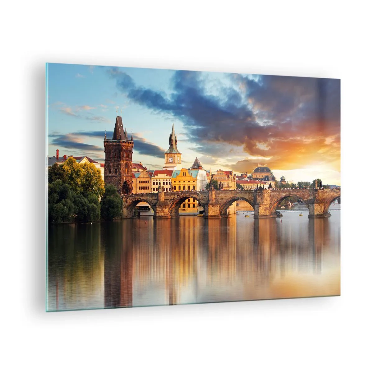 Cuadro sobre vidrio - Impresiones sobre Vidrio - Puente de Carlos al atardecer con pintorescos edificios al fondo - 70x50cm - La belleza no tiene edad - Decoración de pared moderna para salón y dormitorio ARTTOR