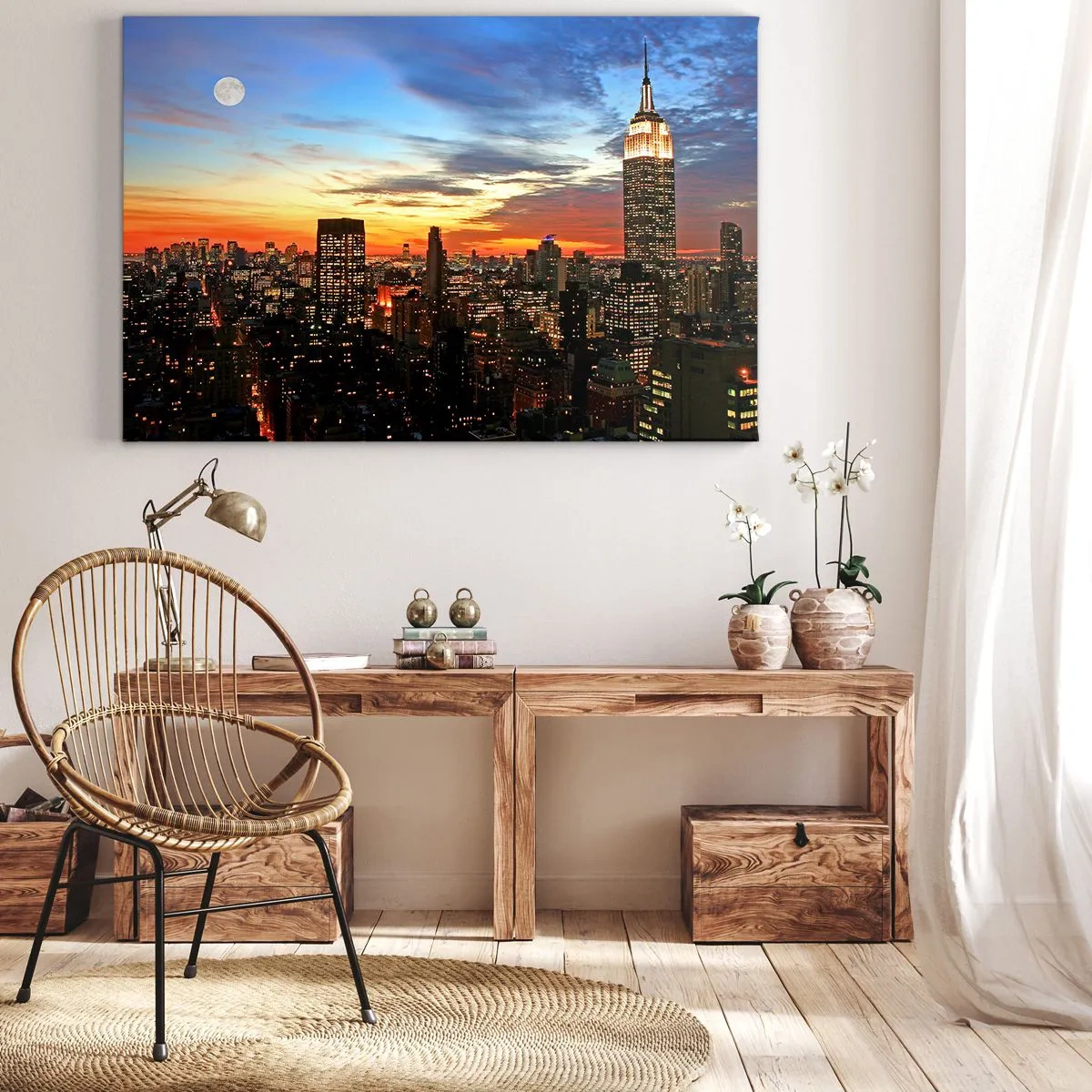 Cuadro sobre lienzo - Impresión de Imagen - Panorama de la ciudad con rascacielos iluminados al atardecer - 100x70cm - Una luminosa noche americana - Decoración de pared moderna para salón y dormitorio ARTTOR