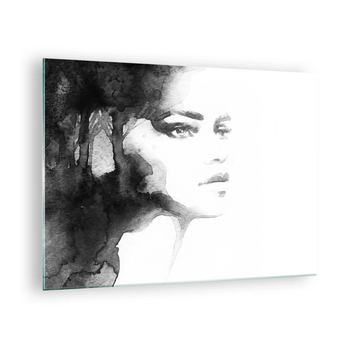 Cuadro sobre vidrio - Impresiones sobre Vidrio - Retrato en acuarela en blanco y negro de una mujer - 70x50cm - Hecho de misterio y niebla - Decoración de pared moderna para salón y dormitorio ARTTOR