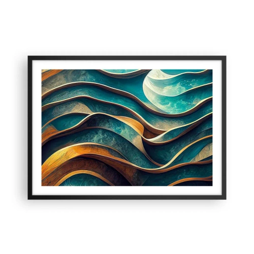 Póster en marco negro - Ondas abstractas en tonos turquesa y dorado - 70x50cm - Meandros de azul - Decoración de pared moderna para salón y dormitorio ARTTOR