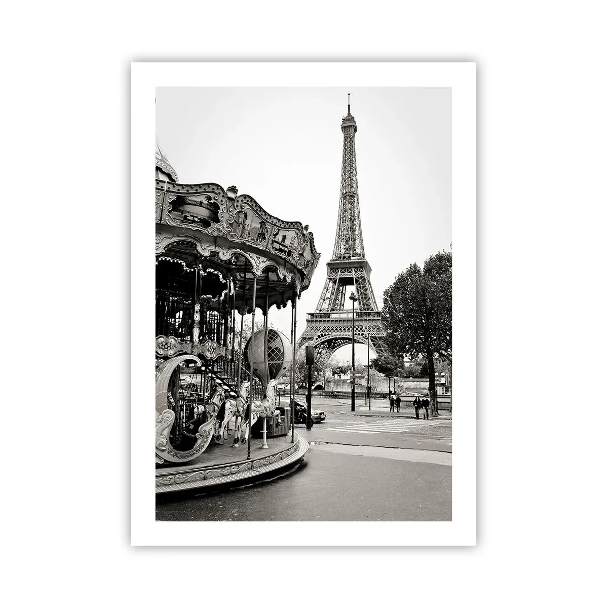 Póster - Fotografía en blanco y negro del carrusel y la torre al fondo. - 50x70cm - Tal diversión solo en París - Decoración de pared moderna para salón y dormitorio ARTTOR