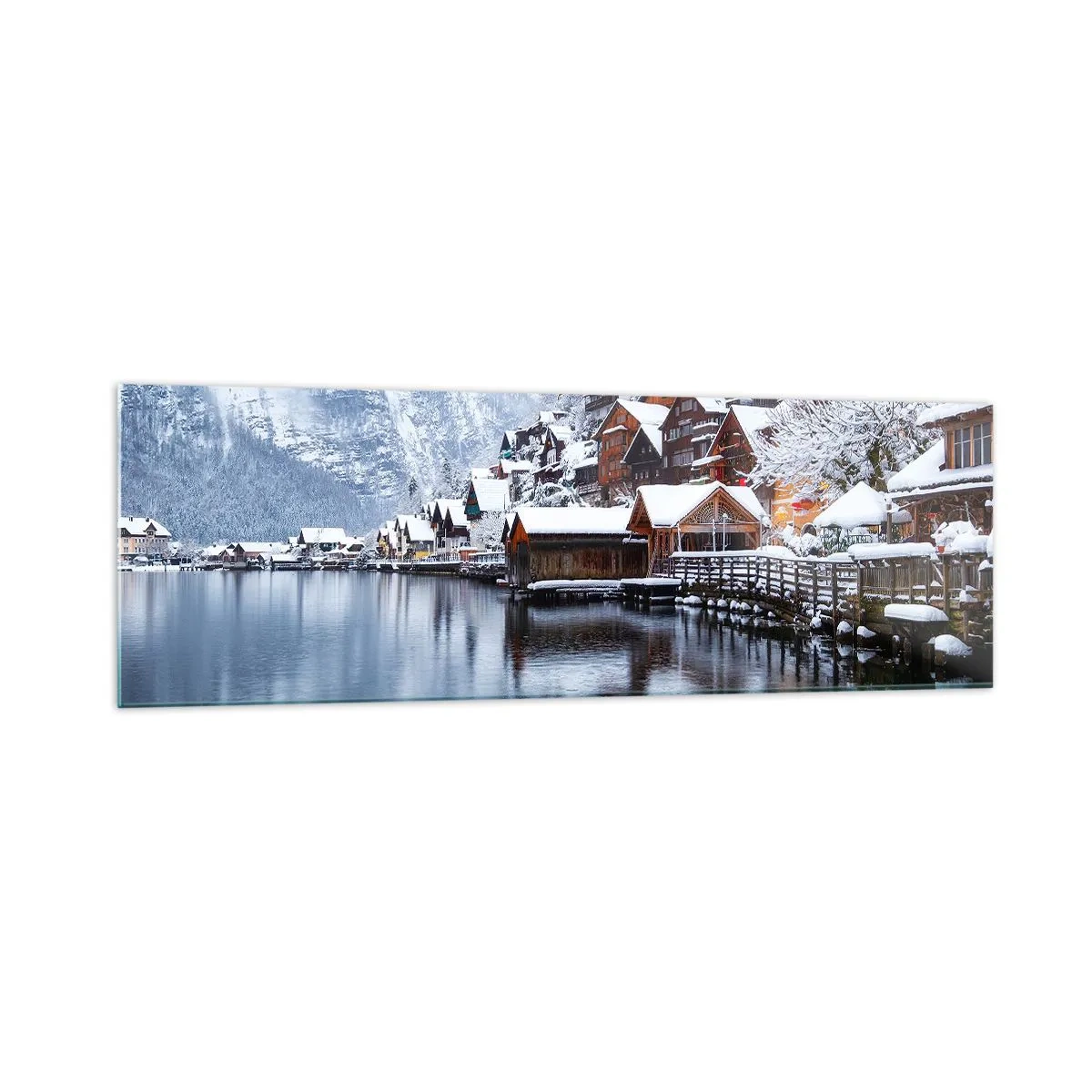 Cuadro sobre vidrio - Impresiones sobre Vidrio - Vista invernal de un pueblo de montaña junto al lago. - 160x50cm - En un decorado de invierno - Decoración de pared moderna para salón y dormitorio ARTTOR
