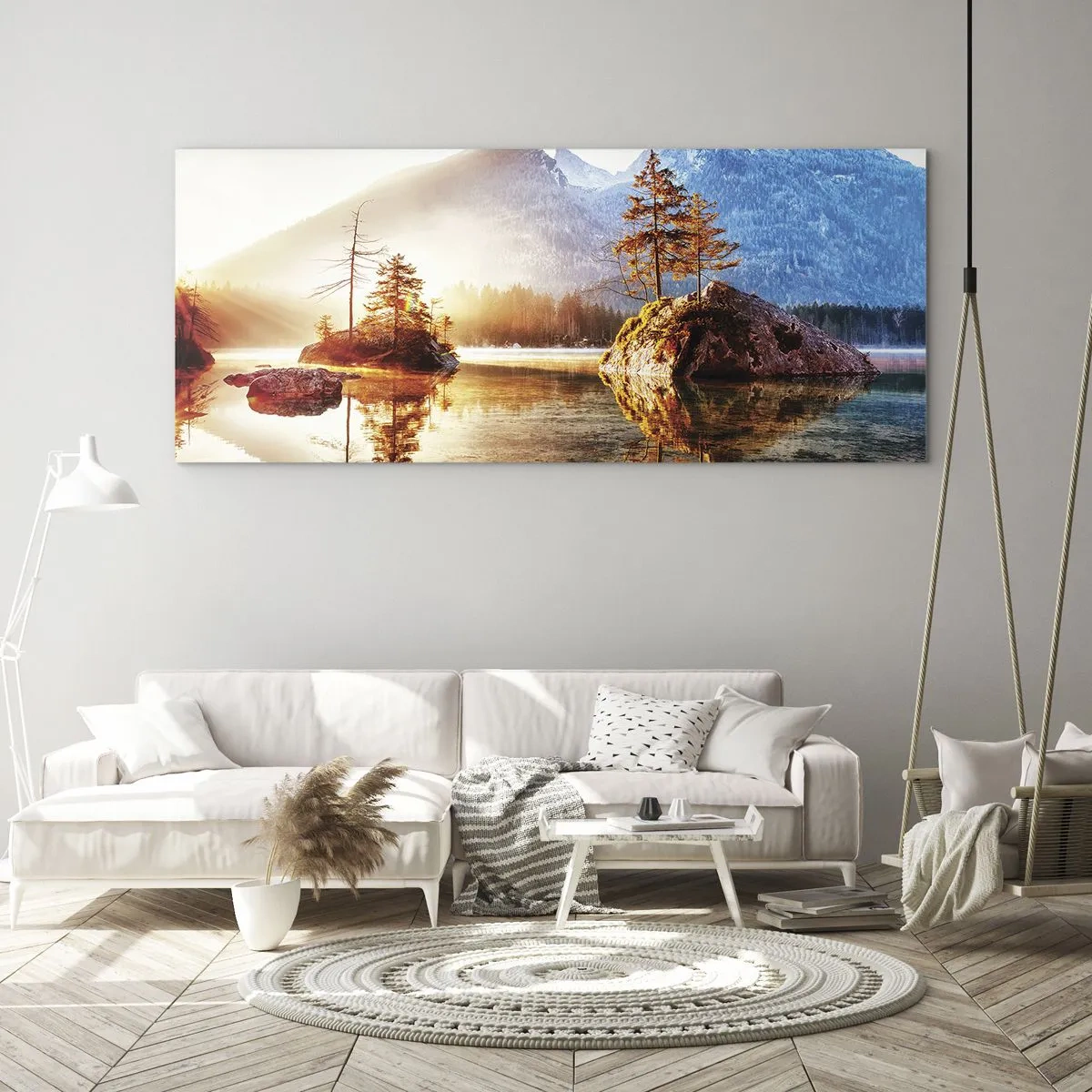 Cuadro sobre vidrio - Impresiones sobre Vidrio - Un lago con islas y montañas al fondo al amanecer. - 160x50cm - La naturaleza bajo la luz - Decoración de pared moderna para salón y dormitorio ARTTOR