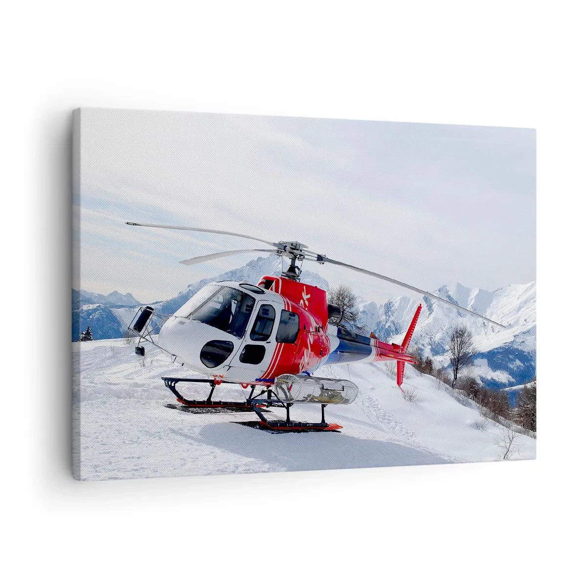 Cuadro sobre lienzo - Impresión de Imagen - Un helicóptero rojo contra un paisaje de montaña nevada. - 70x50cm - Siempre listo - Decoración de pared moderna para salón y dormitorio ARTTOR