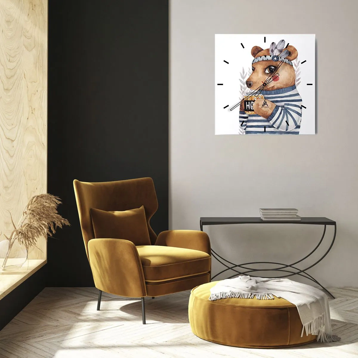 Reloj de pared - Reloj de vidrio - Un osito de peluche con un suéter de rayas y una taza de miel. - 30x30cm - Dulce oso - Decoración de pared moderna para salón y dormitorio ARTTOR