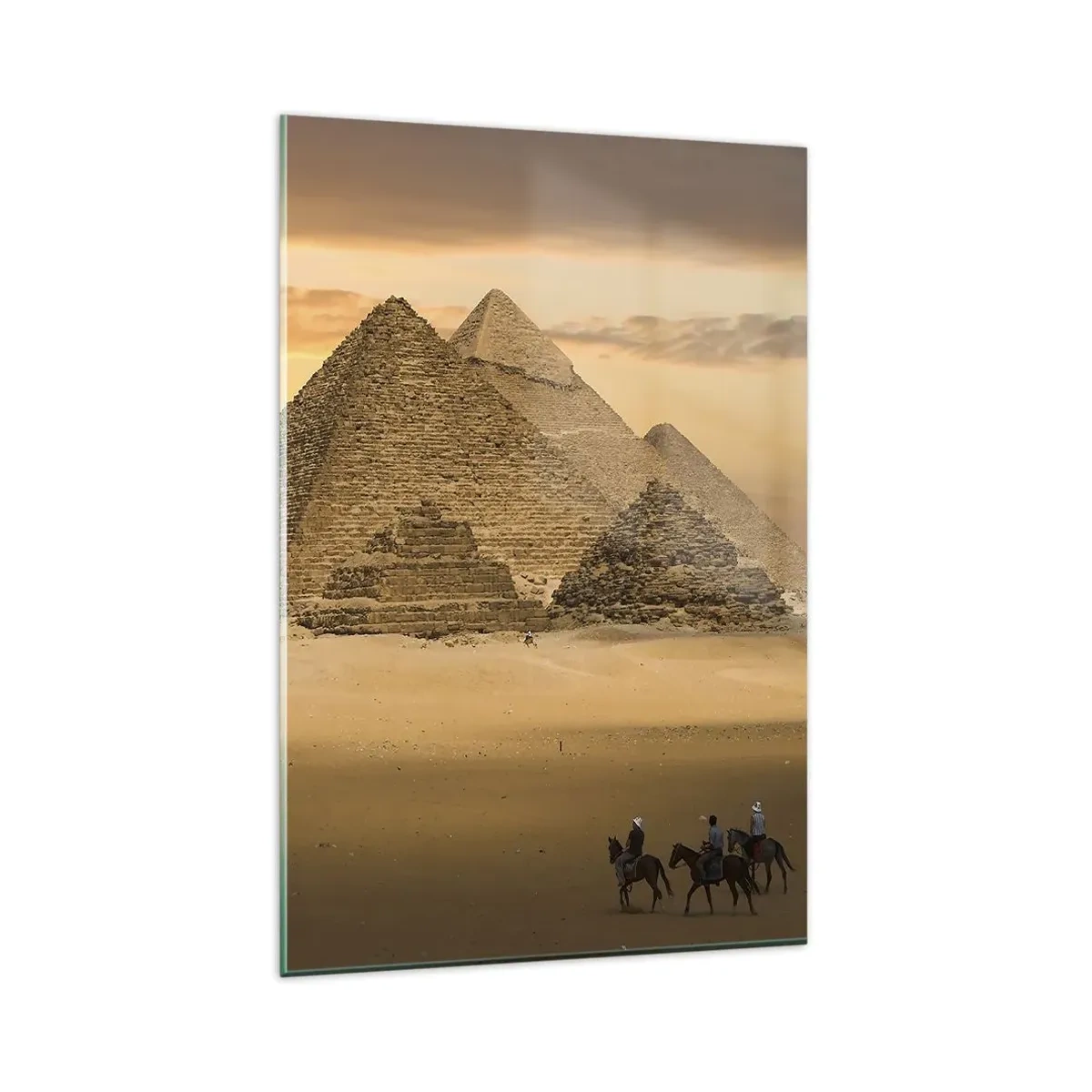 Cuadro sobre vidrio - Impresiones sobre Vidrio - Pirámides de Egipto al atardecer con jinetes a caballo - 80x120cm - Sin cambios desde hace miles de años - Decoración de pared moderna para salón y dormitorio ARTTOR