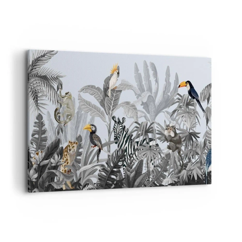 Cuadro sobre lienzo - Impresión de Imagen - Selva tropical con animales exóticos sobre un fondo gris. - 100x70cm - Un cuento de hadas africano - Decoración de pared moderna para salón y dormitorio ARTTOR