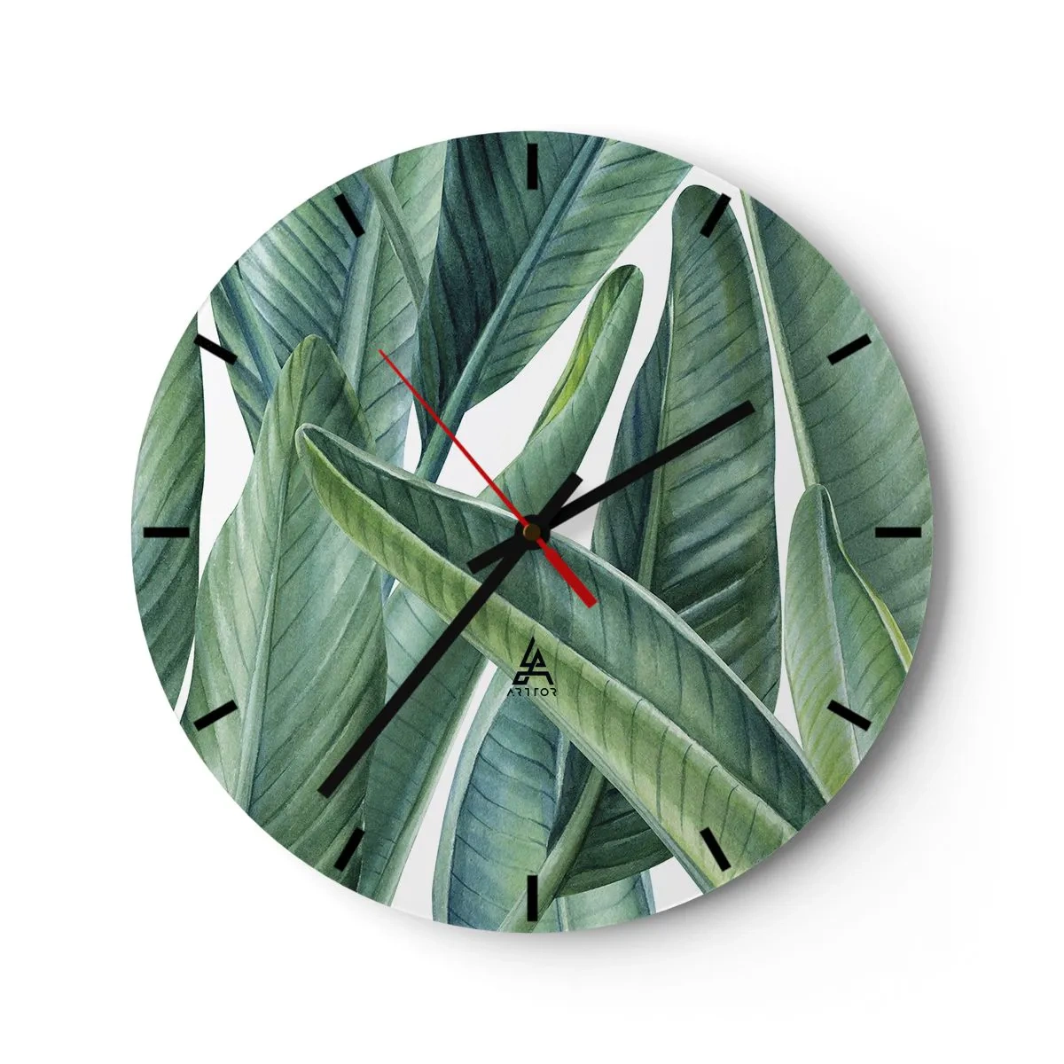 Reloj de pared - Reloj de vidrio - Ilustración de hojas verdes sobre un fondo claro - 30x30cm - Vegetación en estado puro - Decoración de pared moderna para salón, cocina y dormitorio ARTTOR