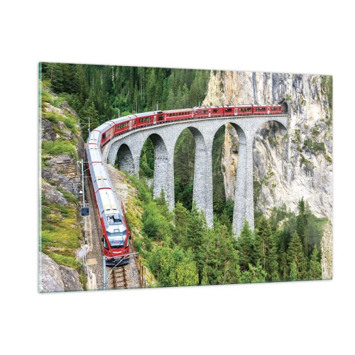 Cuadro sobre vidrio - Impresiones sobre Vidrio - Un tren con un puente de montaña al fondo entre paisajes verdes. - 120x80cm - Atravesando las montañas - Decoración de pared moderna para salón y dormitorio ARTTOR