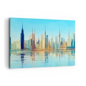 Cuadro sobre lienzo - Impresión de Imagen - Un panorama de la ciudad en colores cálidos con reflejo en el agua. - 120x80cm - Metrópolis soleada - Decoración de pared moderna para salón y dormitorio ARTTOR