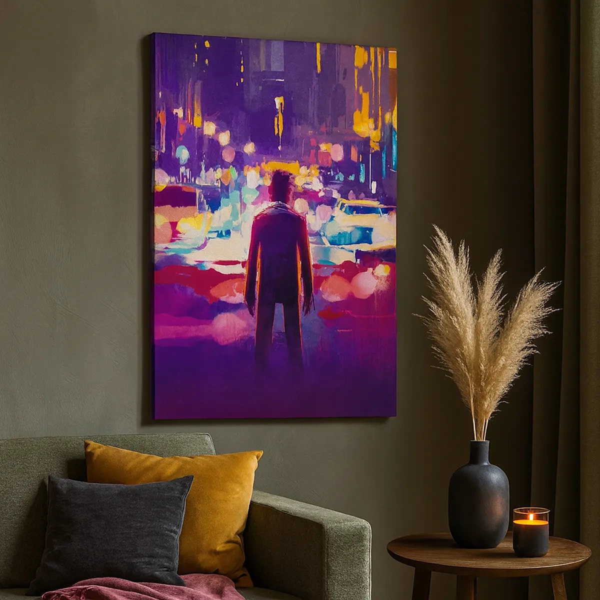 Cuadro sobre lienzo - Impresión de Imagen - Un hombre en una escena nocturna de la ciudad de neón. - 50x70cm - Inmerso en la luz - Decoración de pared moderna para salón y dormitorio ARTTOR