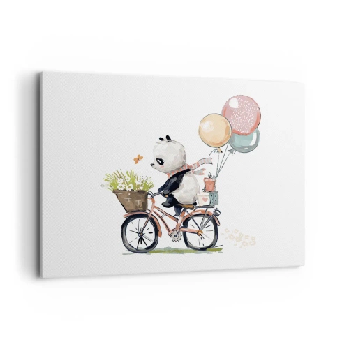Cuadro sobre lienzo - Impresión de Imagen - Panda en bicicleta con globos y flores. - 100x70cm - Un día feliz - Decoración de pared moderna para salón y dormitorio ARTTOR