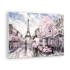 Cuadro sobre vidrio - Impresiones sobre Vidrio - Pareja romántica en París con la Torre Eiffel al fondo - 70x50cm - La ciudad del amor - Decoración de pared moderna para salón y dormitorio ARTTOR