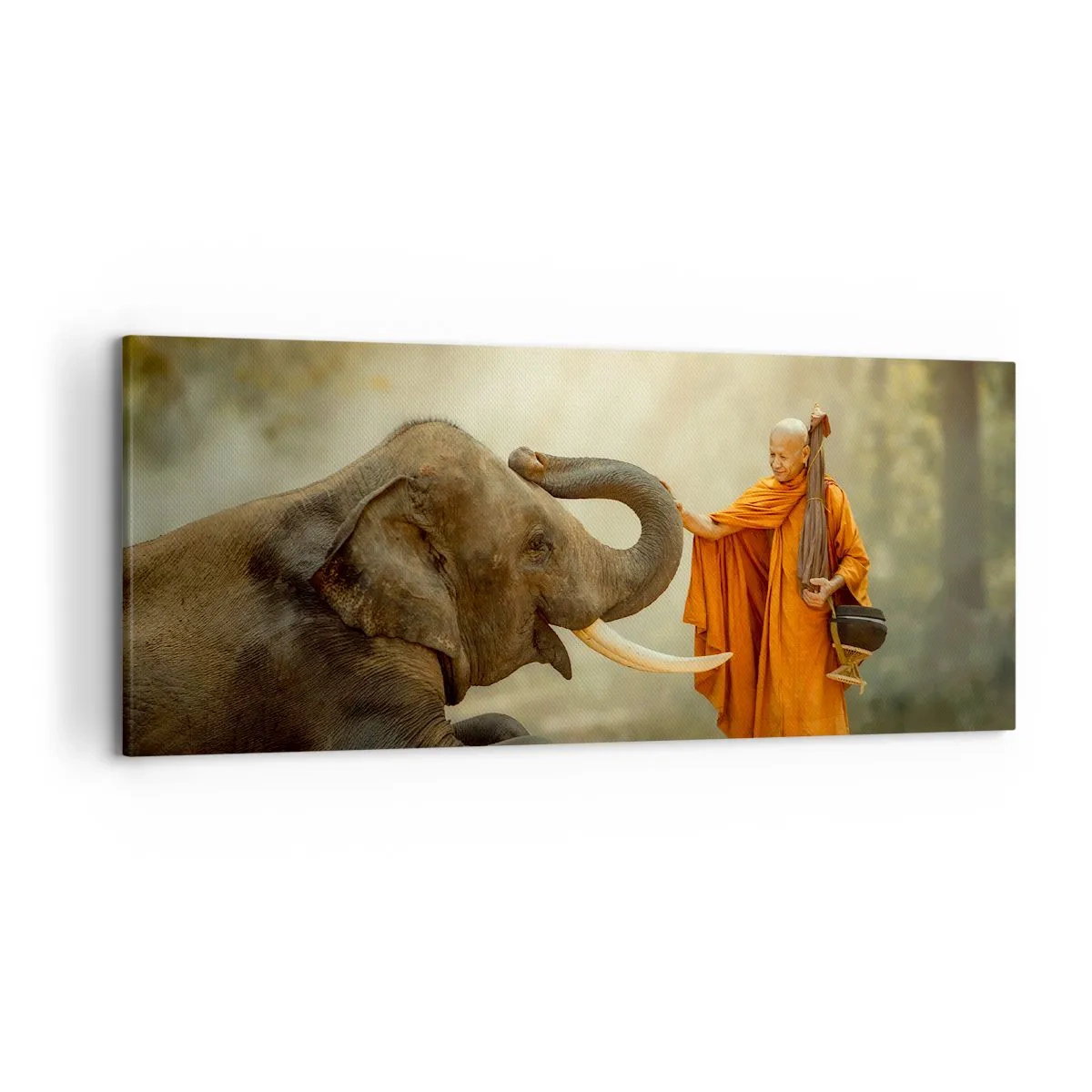 Cuadro sobre lienzo - Impresión de Imagen - Un monje y un elefante en armonía con la naturaleza como telón de fondo. - 120x50cm - Un encuentro en un viaje - Decoración de pared moderna para salón y dormitorio ARTTOR