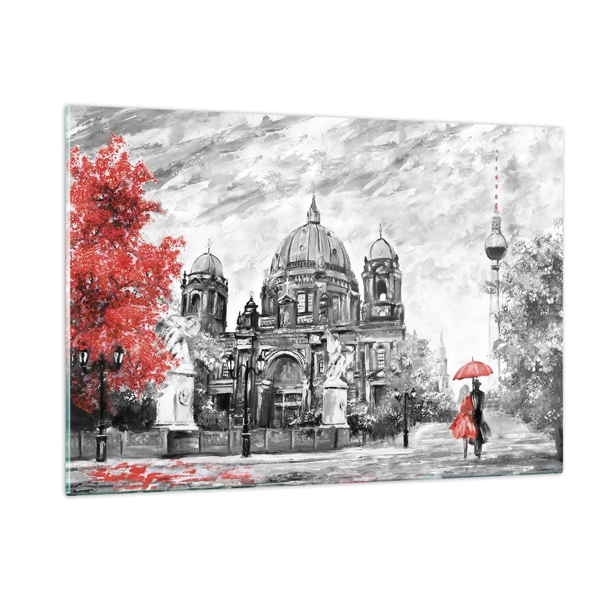 Cuadro sobre vidrio - Impresiones sobre Vidrio - Catedral de Berlín con acento rojo en tonos monocromáticos - 120x80cm - Reunión en Berlín - Decoración de pared moderna para salón y dormitorio ARTTOR
