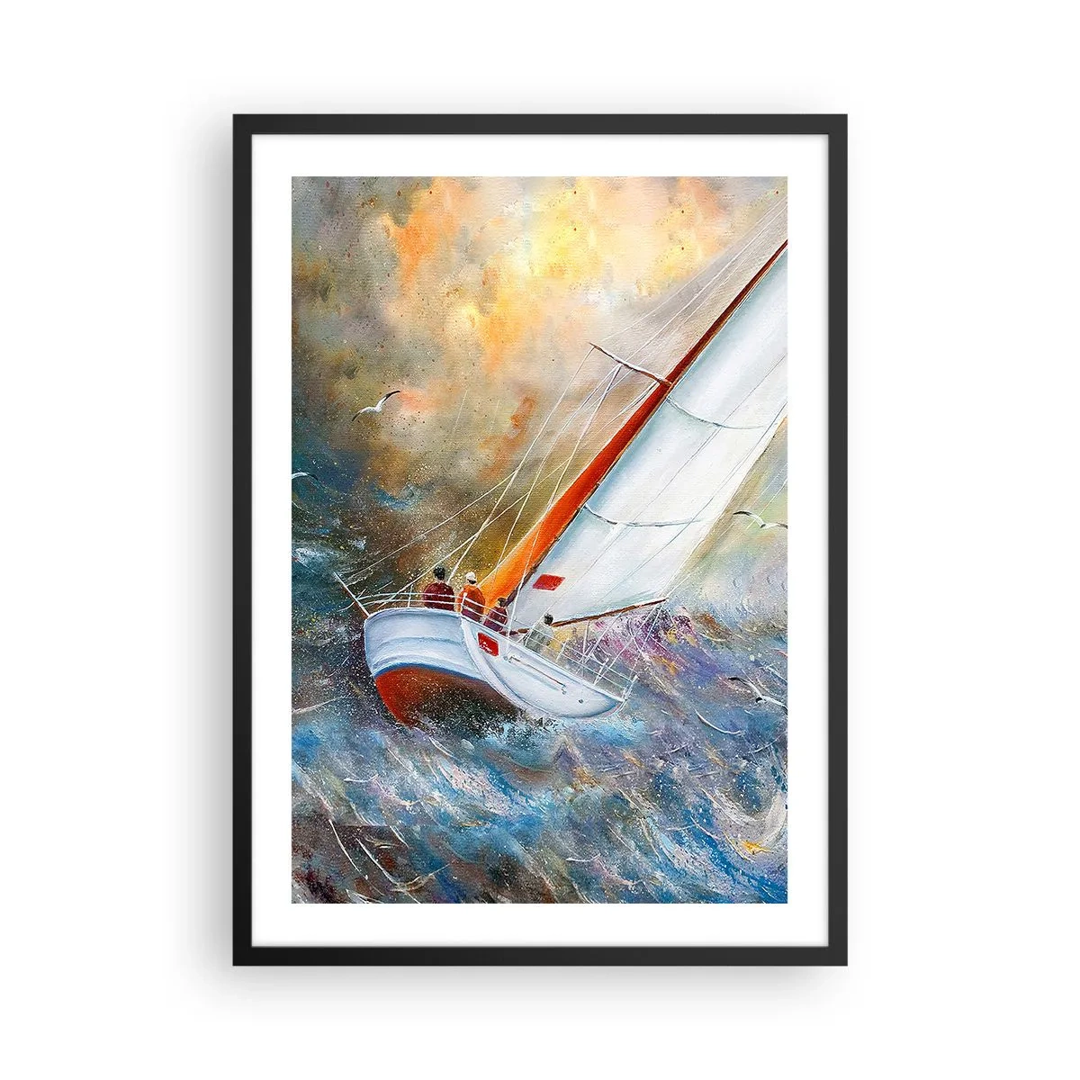 Póster en marco negro - Un yate navegando en un mar tempestuoso en un paisaje pintoresco. - 50x70cm - Surcando las olas - Decoración de pared moderna para salón y dormitorio ARTTOR