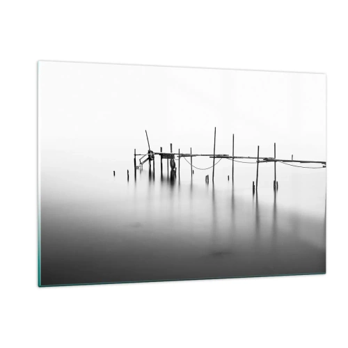 Cuadro sobre vidrio - Impresiones sobre Vidrio - Un embarcadero blanco y negro sobre una superficie de agua tranquila. - 120x80cm - ¿Y si no hay mundo? - Decoración de pared moderna para salón y dormitorio ARTTOR