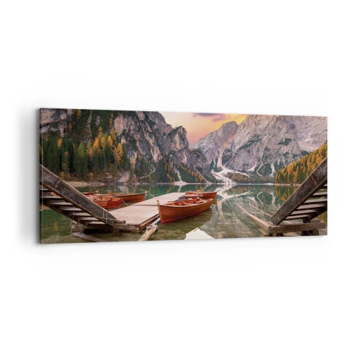 Cuadro sobre lienzo - Impresión de Imagen - Lago de montaña con barcos al atardecer - 120x50cm - Espejo entre montañas - Decoración de pared moderna para salón y dormitorio ARTTOR