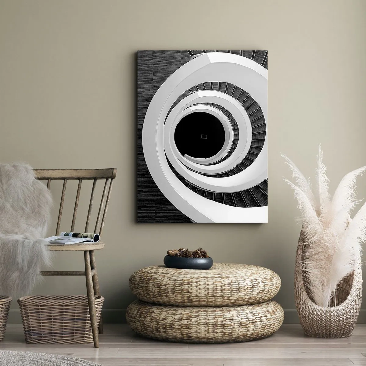 Cuadro sobre lienzo - Impresión de Imagen - Escalera de caracol en blanco y negro de estilo moderno. - 50x70cm - Hacia el origen - Decoración de pared moderna para salón y dormitorio ARTTOR