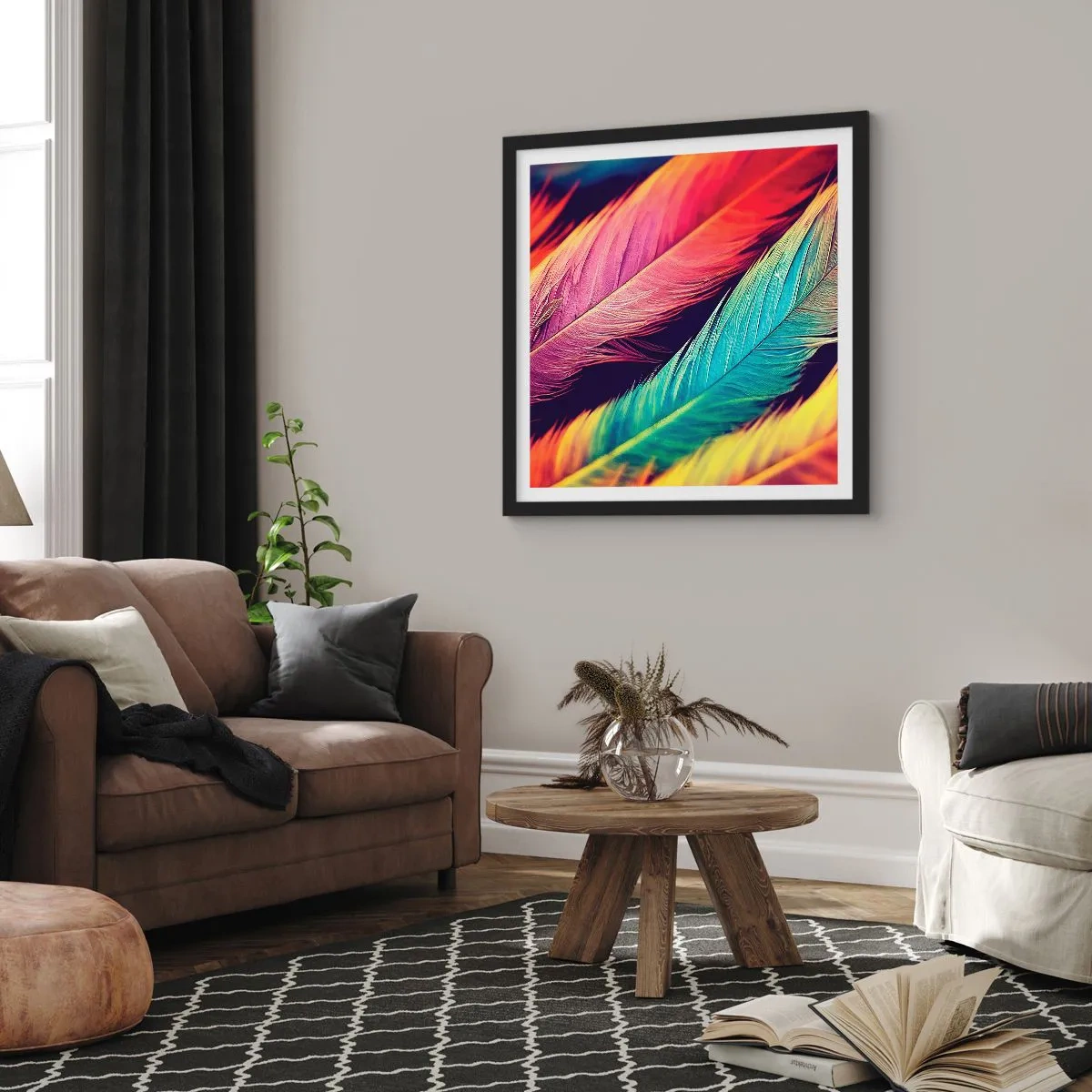 Póster en marco negro - Arco iris plumoso - 60x60 cm
