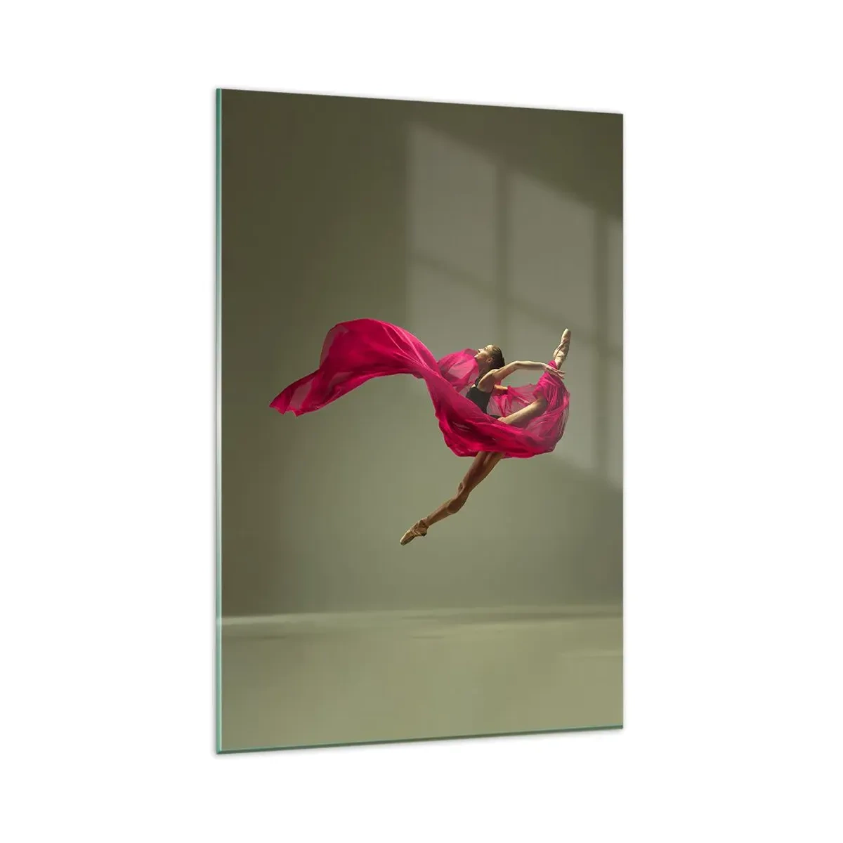 Cuadro sobre vidrio - Impresiones sobre Vidrio - Bailarina de ballet en pose dinámica con tela rosa. - 80x120cm - Llama danzante - Decoración de pared moderna para salón y dormitorio ARTTOR