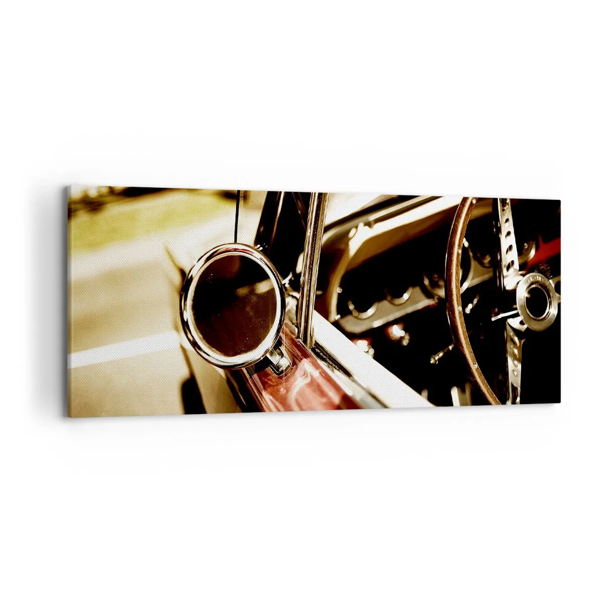 Cuadro sobre lienzo - Impresión de Imagen - Primer plano del espejo y el interior de un coche retro clásico. - 120x50cm - Un coche con alma - Decoración de pared moderna para salón y dormitorio ARTTOR