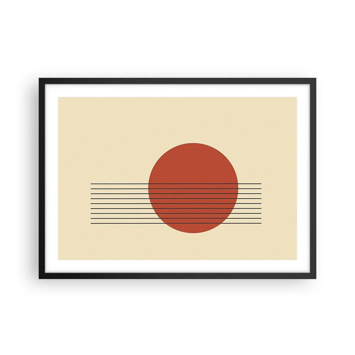 Póster en marco negro - Círculo rojo abstracto con líneas sobre fondo beige. - 70x50cm - Cruzando el círculo - Decoración de pared moderna para salón y dormitorio ARTTOR