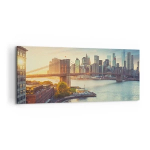 Cuadro sobre lienzo - Impresión de Imagen - Panorama de la ciudad con el puente al atardecer - 120x50cm - El amanecer de la gran ciudad - Decoración de pared moderna para salón y dormitorio ARTTOR