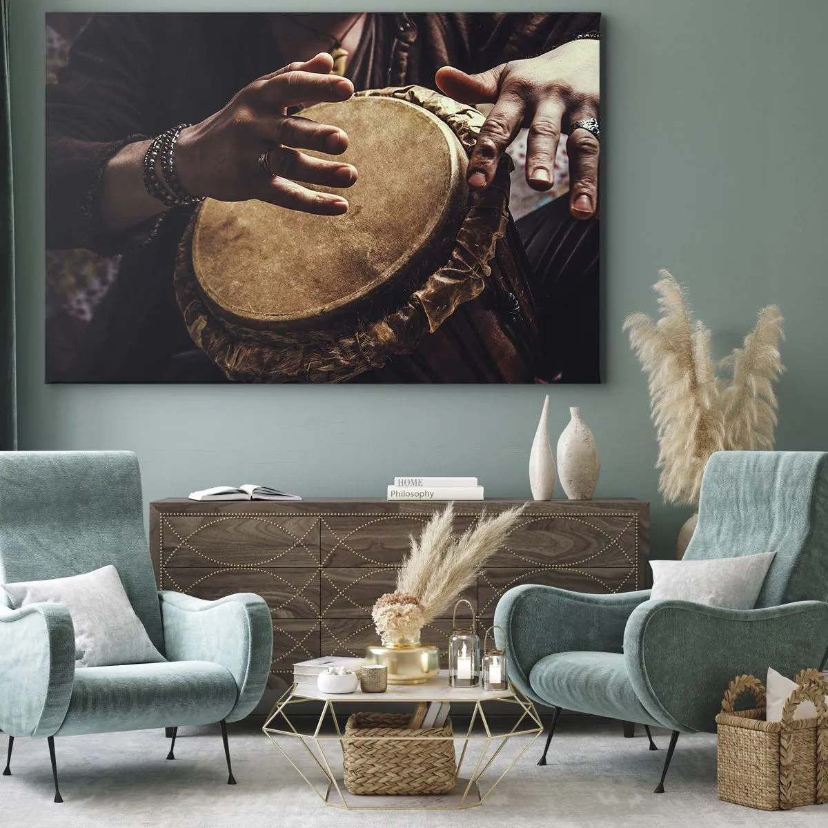 Cuadro sobre lienzo - Impresión de Imagen - Manos tocando un tambor djembé tradicional - 70x50cm - En el ritmo del corazón - Decoración de pared moderna para salón y dormitorio ARTTOR