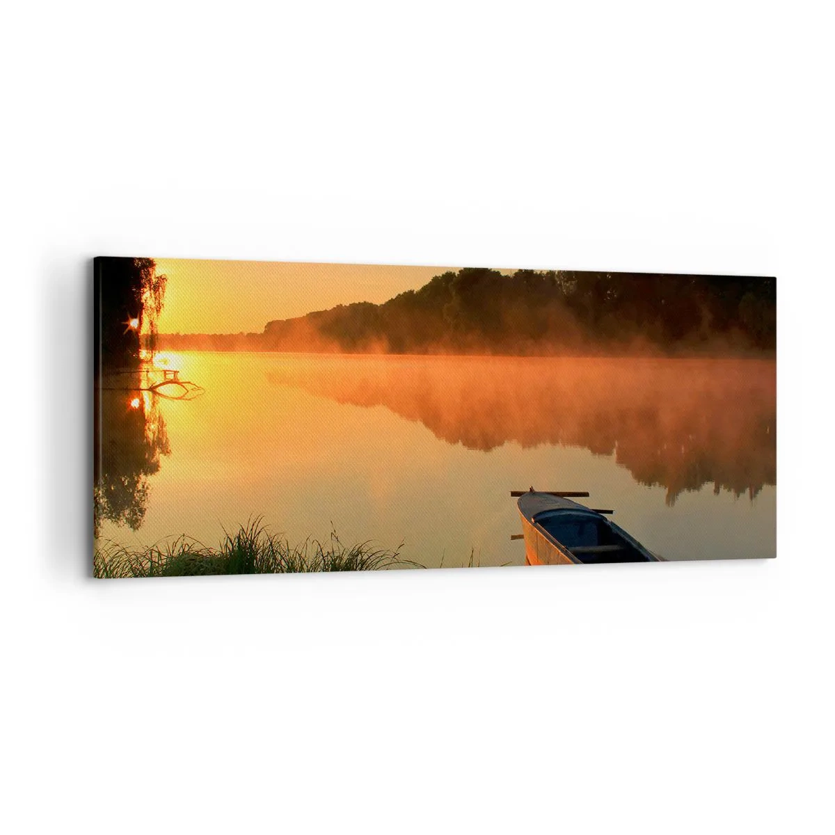 Cuadro sobre lienzo - Impresión de Imagen - Niebla matutina sobre el río con un barco bajo los rayos del sol. - 120x50cm - Amanecer sobre el agua como la superficie de un espejo - Decoración de pared moderna para salón y dormitorio ARTTOR