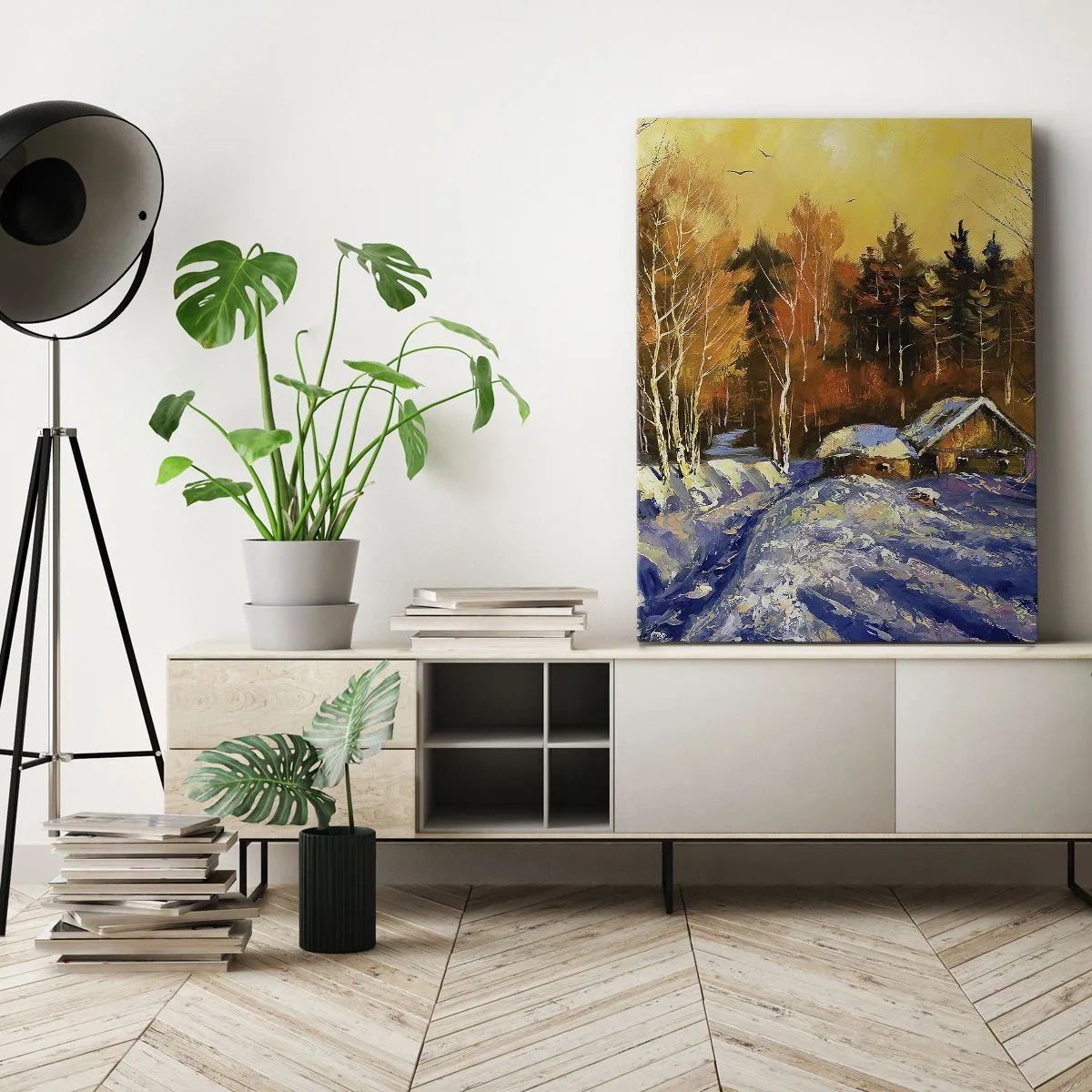 Cuadro sobre lienzo - Impresión de Imagen - Paisaje invernal con una casa a la luz del sol poniente. - 80x120cm - Una impresión invernal al sol - Decoración de pared moderna para salón y dormitorio ARTTOR